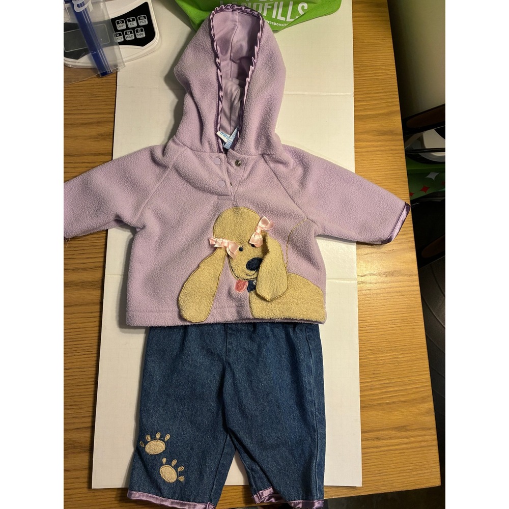 Vintage Miniwear 0-3M Purple Fleece Poodle Hoodie and Denim Pants Set